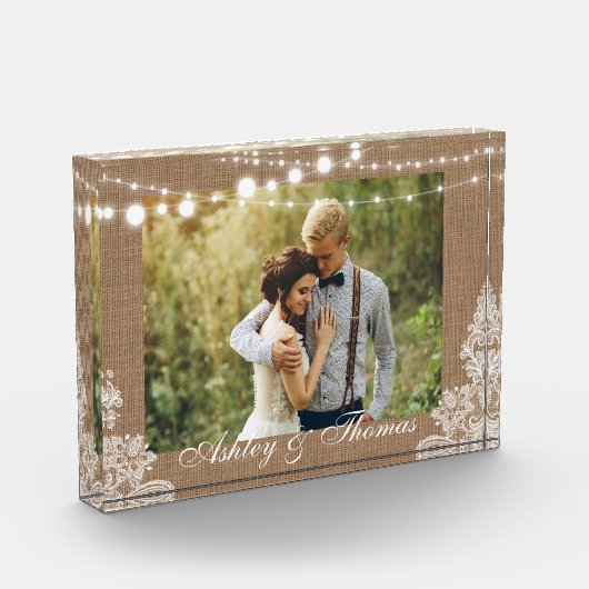 Rustikale Burlap-String Lights Lace Wedding Fotoblock (Links)