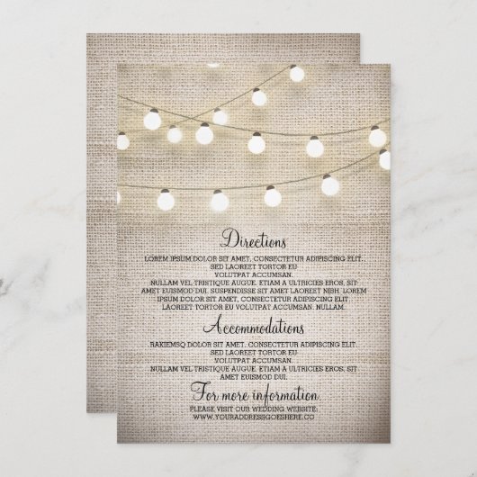 Rustikale Burlap String Lights Wedding Details Car Begleitkarte (Vorne/Hinten)
