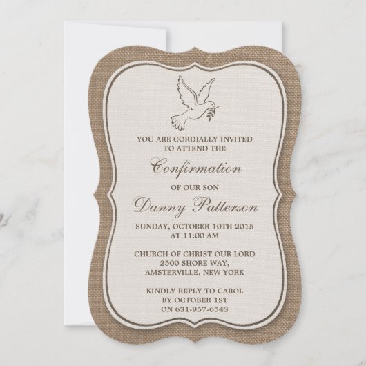 Rustikale Burlap-Taube Heilige Kommunion oder Best Einladung (Vorderseite)