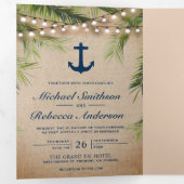 Rustikale Burlap Tropical Palm Anchor Lights Hochz Dreifach Gefaltete Einladung (Innen Erste Seite)