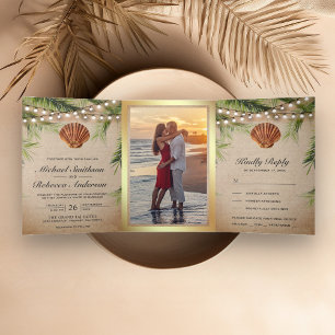 Rustikale Burlap Tropical Palm Leaf Seashell Weddi Dreifach Gefaltete Einladung