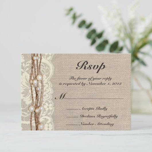 Rustikale Burlap Twine Pearls Hochzeit Einladung (Stehend Vorderseite)