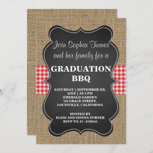 Rustikale Burlap- und Chalkboard-ABSCHLUSS GRILLEN Einladung (Vorne/Hinten)