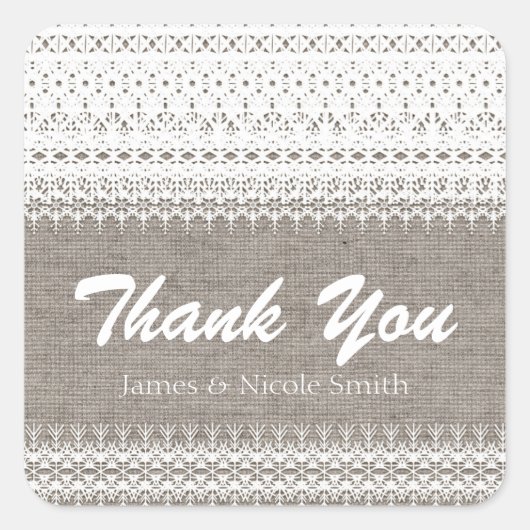 Rustikale Burlap- und elegante Spitzen-Gastgeschen Quadratischer Aufkleber (Vorderseite)