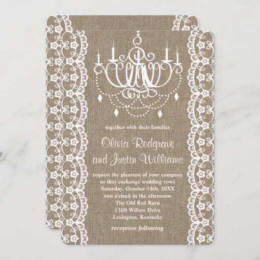 Rustikale Burlap- und Lace Chandelier Wedding Einladung (Vorne/Hinten)