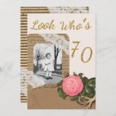 Rustikale Burlap- und Lace-Rose zum 70. Geburtstag Einladung (Vorne/Hinten)