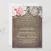 Rustikale Burlap- und Pink-Blume Lace Gold Wedding Einladung (Vorderseite)