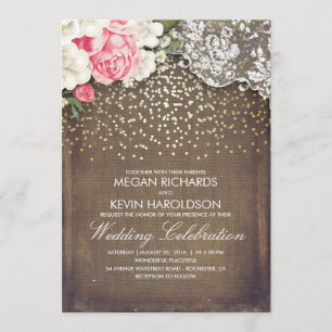 Rustikale Burlap- und Pink-Blume Lace Gold Wedding Einladung