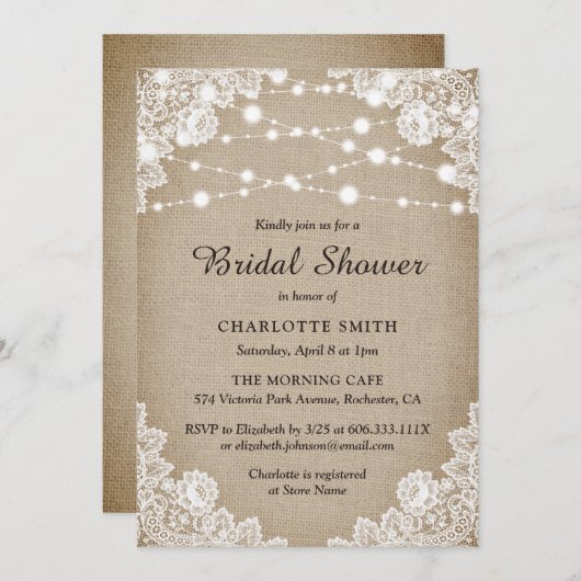 Rustikale Burlap- und Spitzen-Bridal-Dusche Einlad Einladung (Vorne/Hinten)