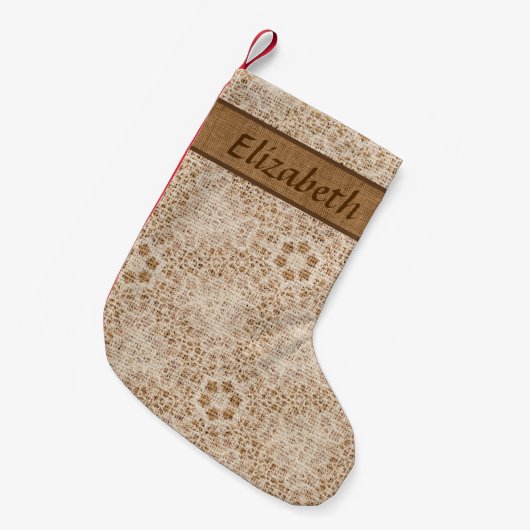 Rustikale Burlap- und Spitzenschneeflocke Personal Kleiner Weihnachtsstrumpf (Vorderansicht (hängend))