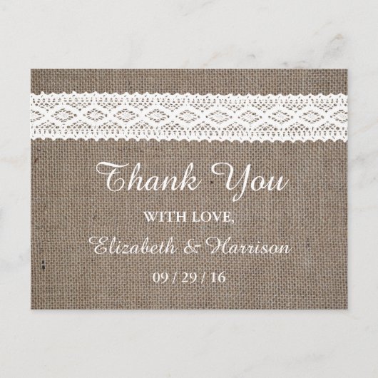 Rustikale Burlap- und Vintage White Lace Hochzeit Postkarte (Vorderseite)