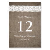 Rustikale Burlap- und Vintage White Lace Hochzeit Tischnummer (Rückseite)