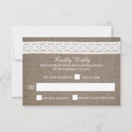 Rustikale Burlap- und Vintage White Lace Wedding R RSVP Karte