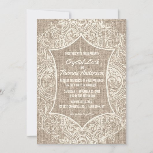 Rustikale Burlap Vintage französische Hochzeit ein Einladung (Vorderseite)
