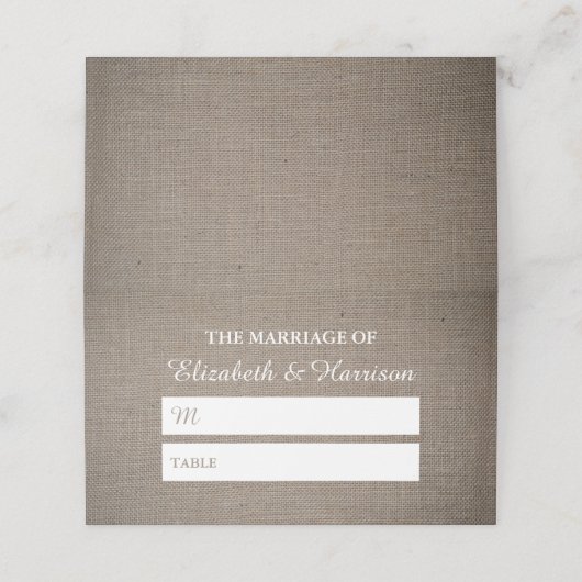 Rustikale Burlap Wedding Platzkarte (Außenseite Aufgefaltet)