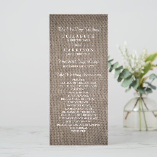 Rustikale Burlap Wedding Programm (Stehend Vorderseite)
