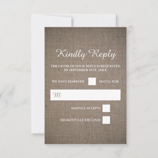 Rustikale Burlap Wedding RSVP Karte (Vorderseite)