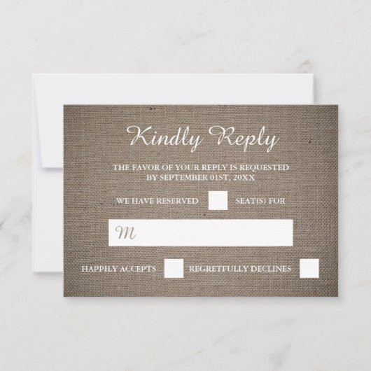 Rustikale Burlap Wedding RSVP Karte (Vorderseite)