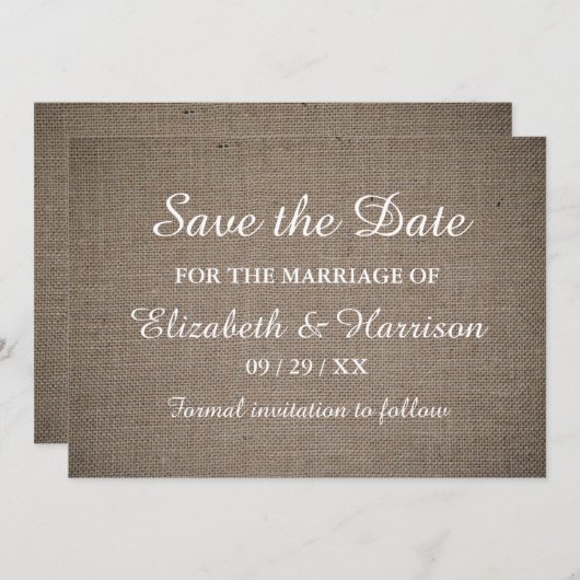Rustikale Burlap Wedding Save The Date (Vorne/Hinten)