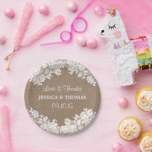 Rustikale Burlap- & White Lace Hochzeitspapier-Tel Pappteller (Party)