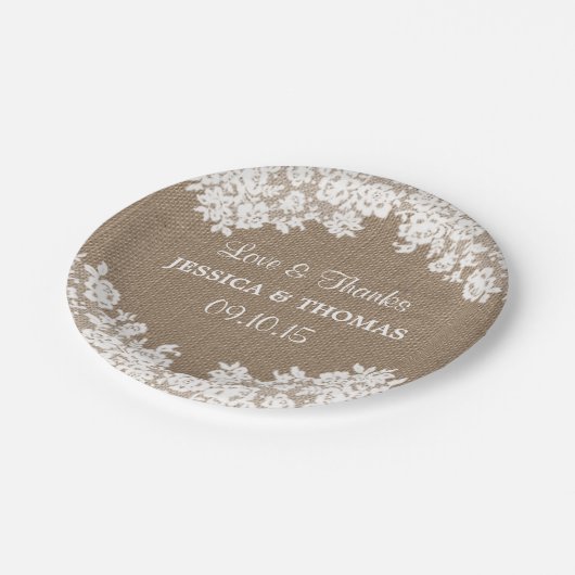 Rustikale Burlap- & White Lace Hochzeitspapier-Tel Pappteller (Schrägansicht)