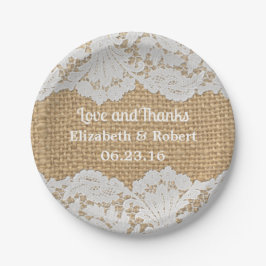 Rustikale Burlap- & White Lace Hochzeitspapier-Tel Pappteller