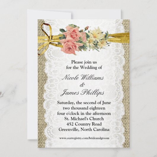 Rustikale Burlap & White Lace Romantische Hochzeit Einladung (Vorderseite)
