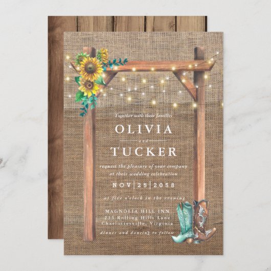 Rustikale Burlap Wood Country Sonnenblumenhochzeit Einladung (Vorne/Hinten)