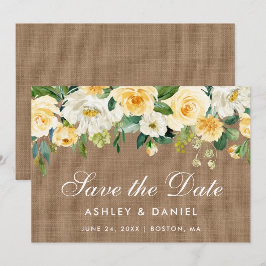 Rustikale Burlap Yellow White Floral Save The Date (Vorne/Hinten)