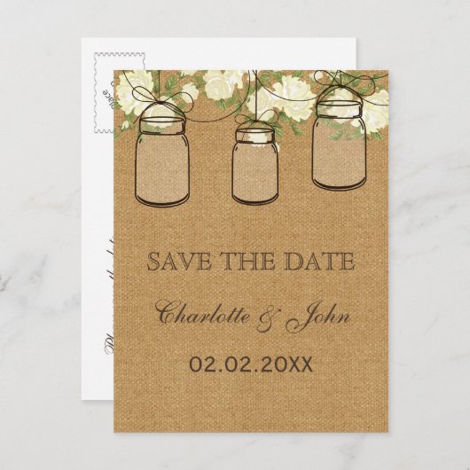 Rustikale Burlpenner-Rose-Maurerkrüge rett-Datums Ankündigungspostkarte (Vorne/Hinten)