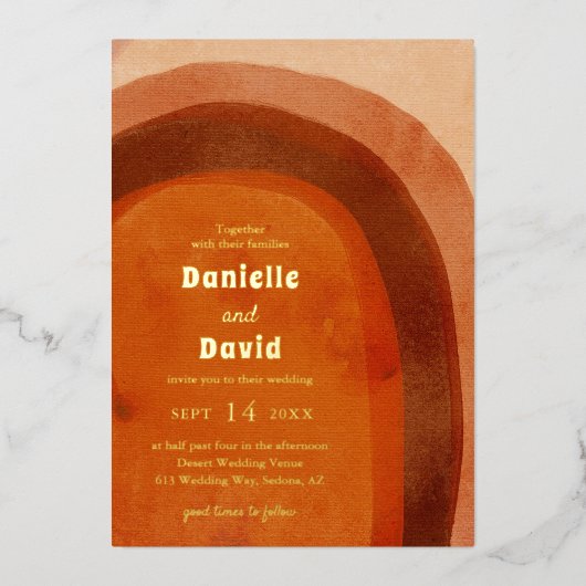Rustikale Burnt Orange Arch Moderne Hochzeit Folieneinladung (Vorderseite)