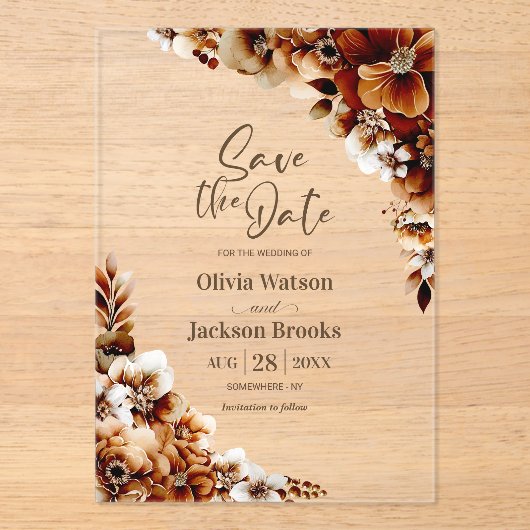 Rustikale Burnt Orange Blumenhochzeit retten Datum Acryleinladungen (Vorderseite)