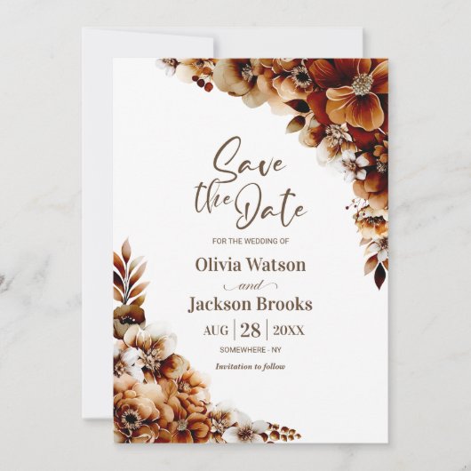 Rustikale Burnt Orange Blumenhochzeit retten Datum Einladung (Vorderseite)