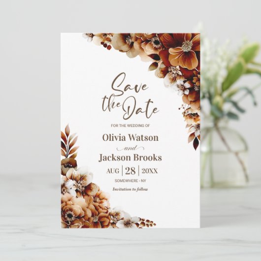 Rustikale Burnt Orange Blumenhochzeit retten Datum Einladung (Stehend Vorderseite)