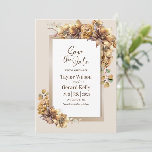 Rustikale Burnt Orange Blumenhochzeit retten Datum Save The Date (Stehend Vorderseite)