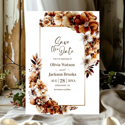 Rustikale Burnt Orange Blumenhochzeit retten Datum Save The Date