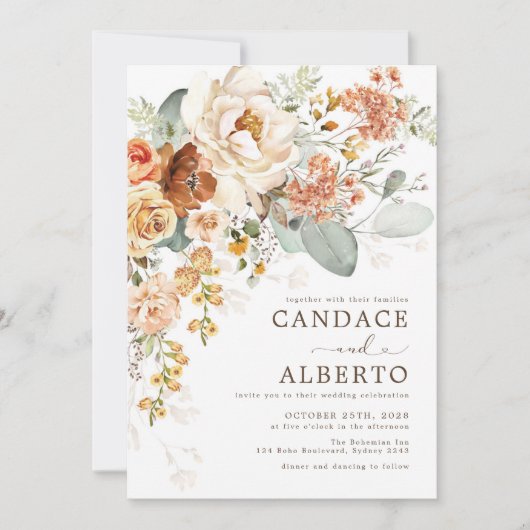 Rustikale Burnt Orange Cream Blume Bouquet Wedding Einladung (Vorderseite)