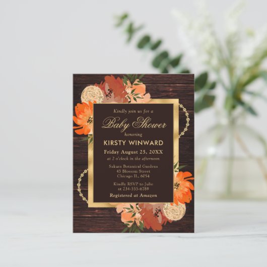 Rustikale Burnt Orange Fall Blume Babydusche Postkarte (Stehend Vorderseite)
