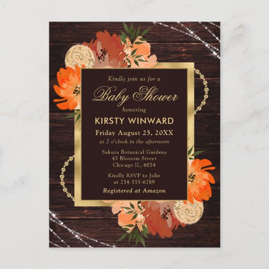 Rustikale Burnt Orange Fall Blume Babydusche Postkarte (Vorderseite)