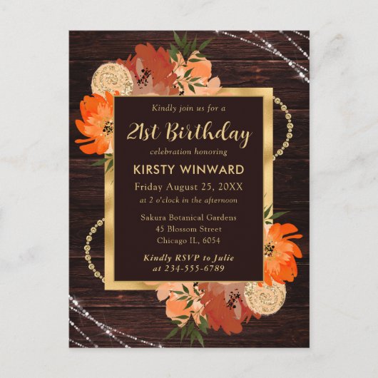 Rustikale Burnt Orange Fall Blume Geburtstag Postkarte (Vorderseite)