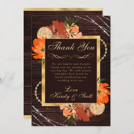 Rustikale Burnt Orange Fall Blume Hochzeit Dankeskarte (Vorne/Hinten)