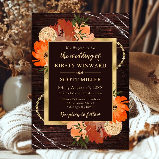 Rustikale Burnt Orange Fall Blume Hochzeit Einladung