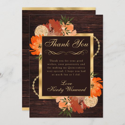 Rustikale Burnt Orange Fall Blume Quinceanera Dankeskarte (Vorne/Hinten)