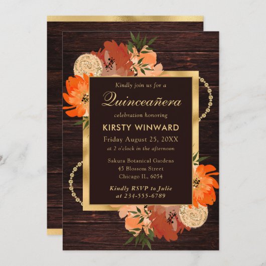Rustikale Burnt Orange Fall Blume Quinceanera Einladung (Vorne/Hinten)
