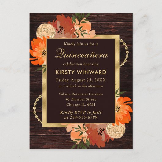 Rustikale Burnt Orange Fall Blume Quinceanera Postkarte (Vorderseite)