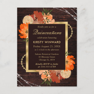 Rustikale Burnt Orange Fall Blume Quinceanera Postkarte