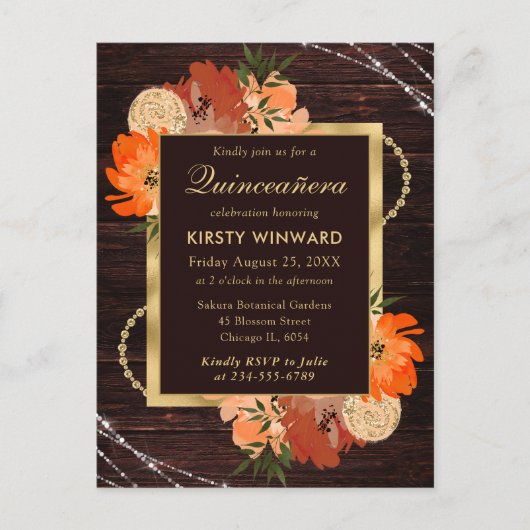 Rustikale Burnt Orange Fall Blume Quinceanera Postkarte (Vorderseite)