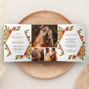 Rustikale Burnt Orange Foto Collage Wedding Dreifach Gefaltete Einladung