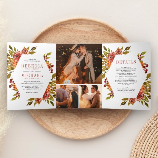 Rustikale Burnt Orange Foto Collage Wedding Dreifach Gefaltete Einladung