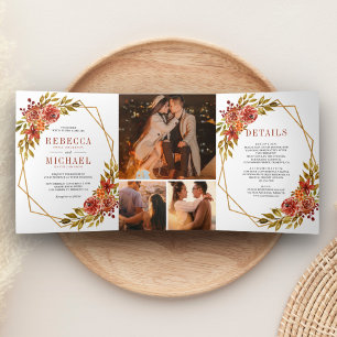 Rustikale Burnt Orange Geometric Frame Wedding Dreifach Gefaltete Einladung